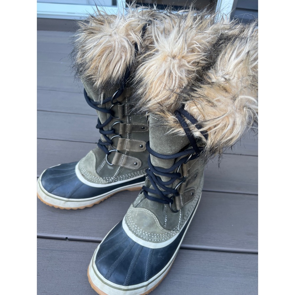 Sorel Joan of Arctic Waterproof Winter Boots Faux Fur Tusk Green NL1540-383 Sz 9